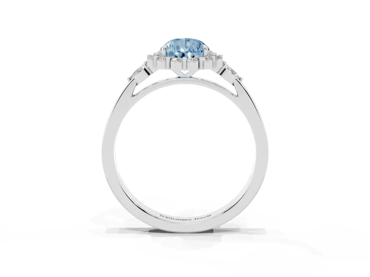 Fancy Blue Pear Cut Diamond Halo Ring with Pear Side Stones and Prong Setting Silver