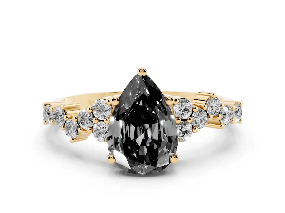 Fancy Black Pear Cut Diamond Scattered Round Accent Ring with Prong Setting Yellow gold