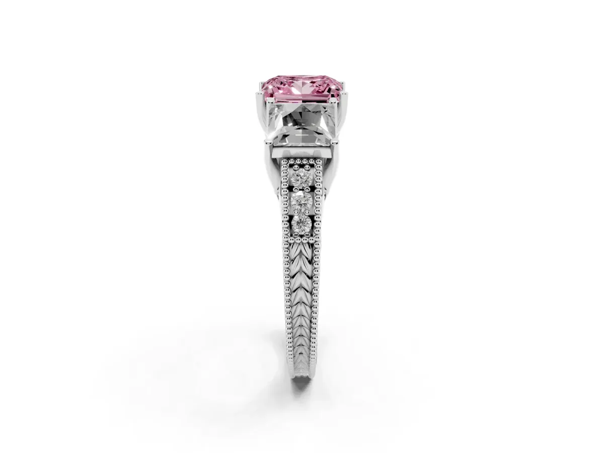 Fancy Pink Three-Stone Princess Cut Cut Milgrain Pavé Engagement Ring Platinum