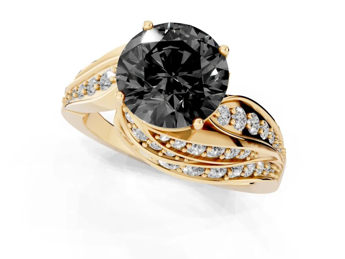 Fancy Black Round Cut Diamond Solitaire Ring with Prong Setting and Twisted Pavé Band Yellow gold