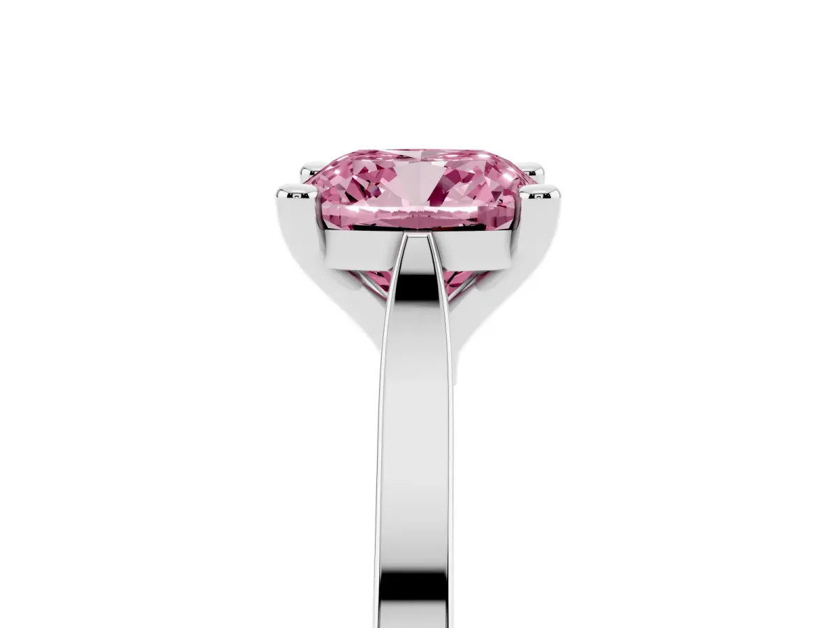 Fancy Pink Cushion Cut Solitaire Diamond Ring with Four-Prong Setting and Tapered Band Silver