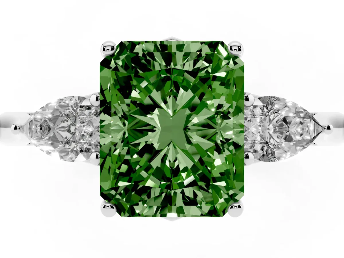 Fancy Green Three-Stone Radiant Cut Diamond Ring with Pear Side Stones in Four-Prong Setting Silver