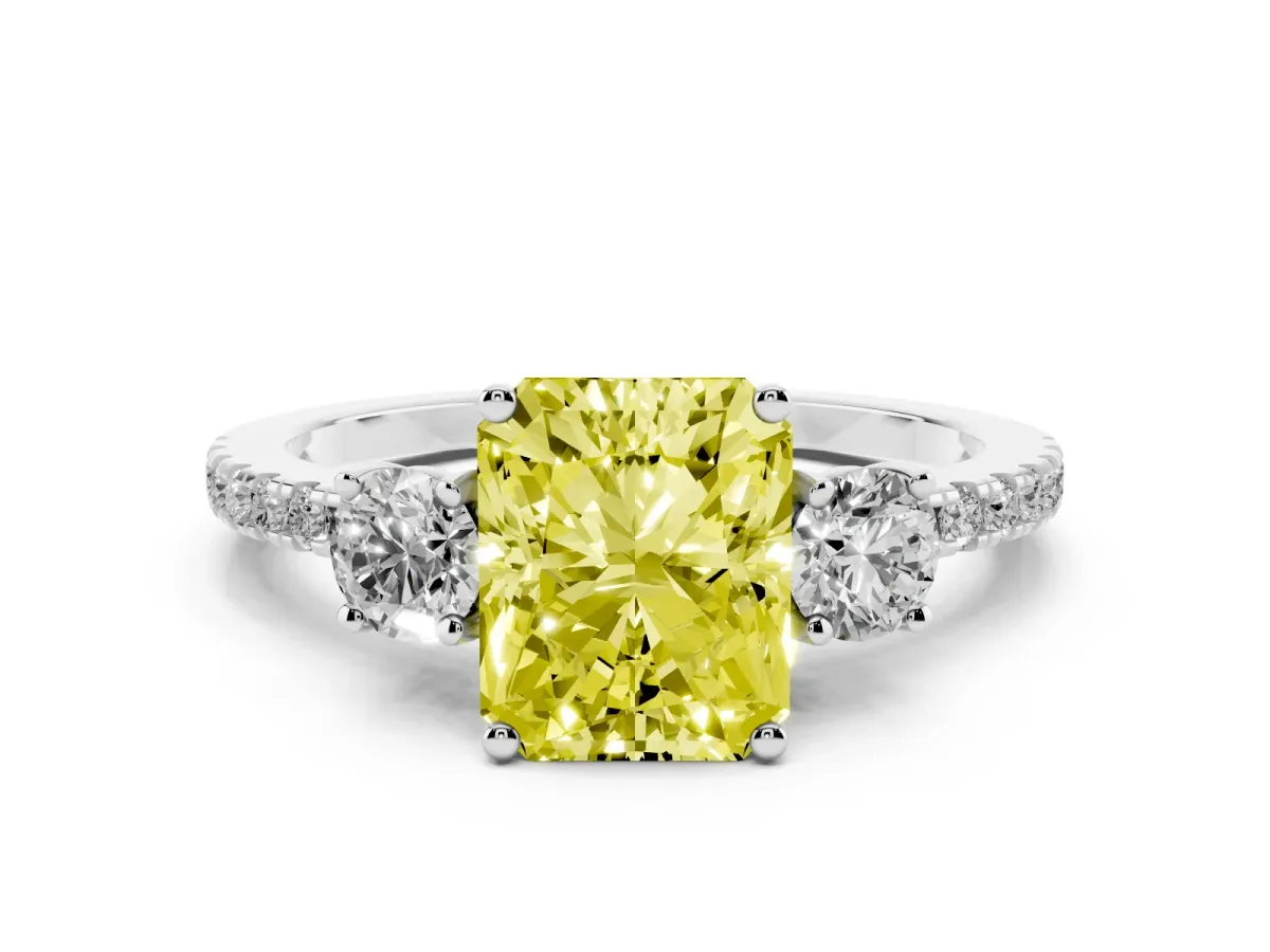 Fancy Yellow Three-Stone Radiant Cut Cut Diamond Pavé Band with Prong Setting Silver