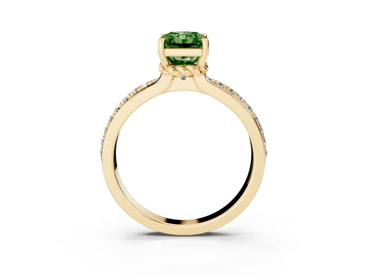Fancy Green Radiant Cut Solitaire Diamond Ring with Channel Set Band and Six-Prong Setting Yellow gold