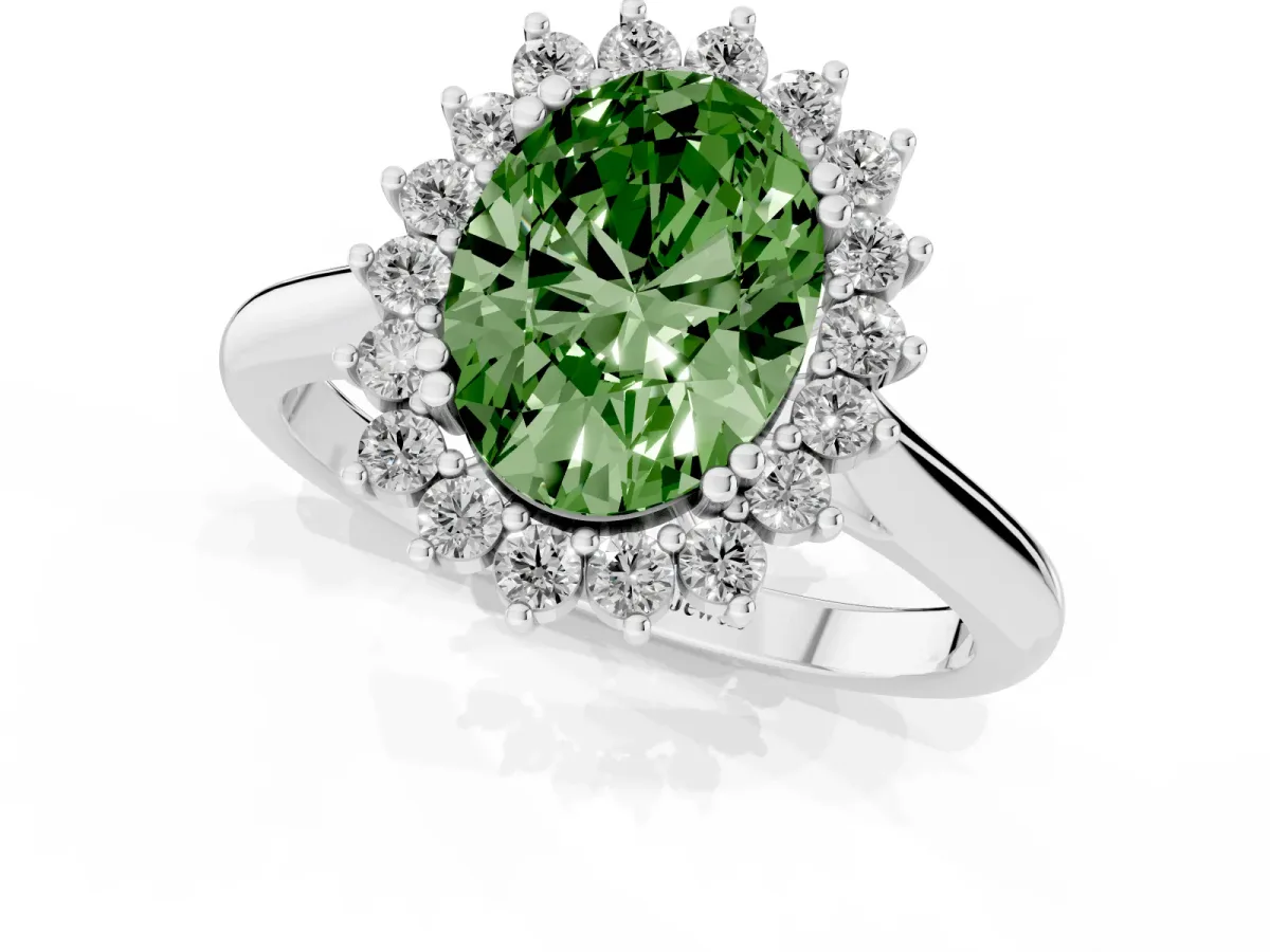 Fancy Green Oval Cut Cut Diamond Halo Ring with Solitaire Band and Prong Setting Platinum
