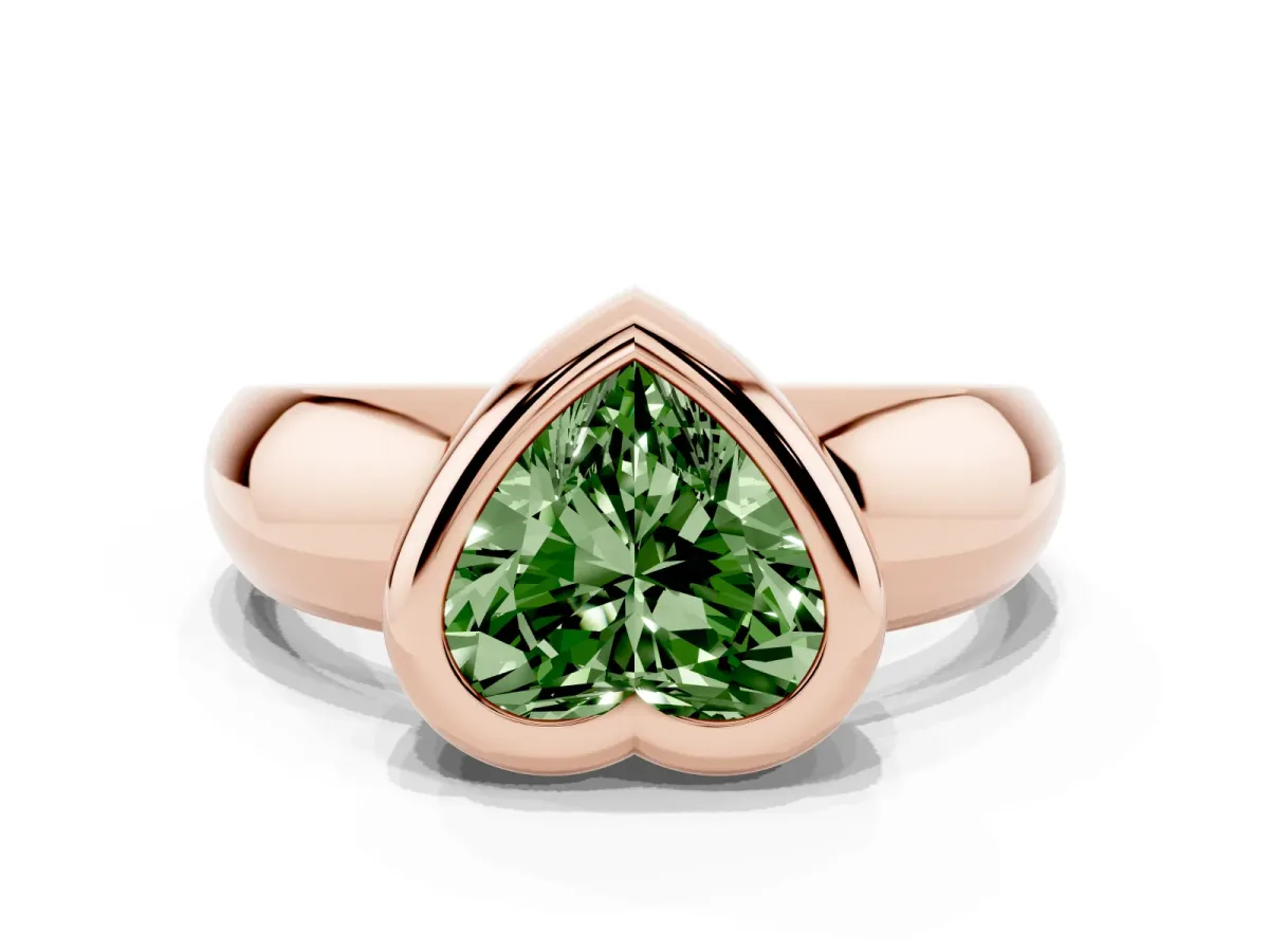 Fancy Green Bezel Set Heart Cut Solitaire Ring with Wide Band Rose gold