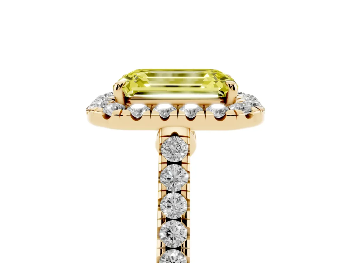 Fancy Yellow Emerald Cut Halo Pave Diamond Engagement Ring with Four-Prong Setting Yellow gold
