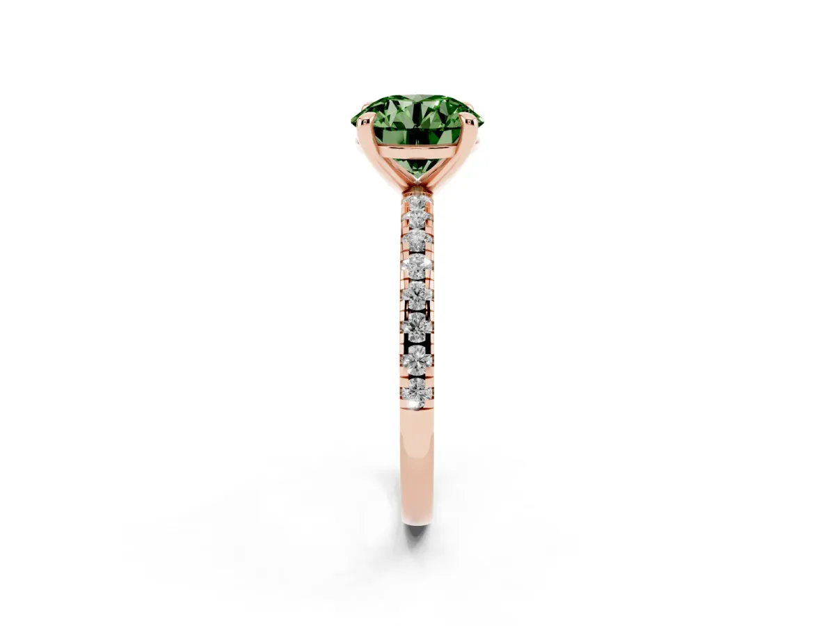 Fancy Green Round Cut Diamond Brilliant Solitaire Ring with Pavé Band and Four-Prong Setting Rose gold