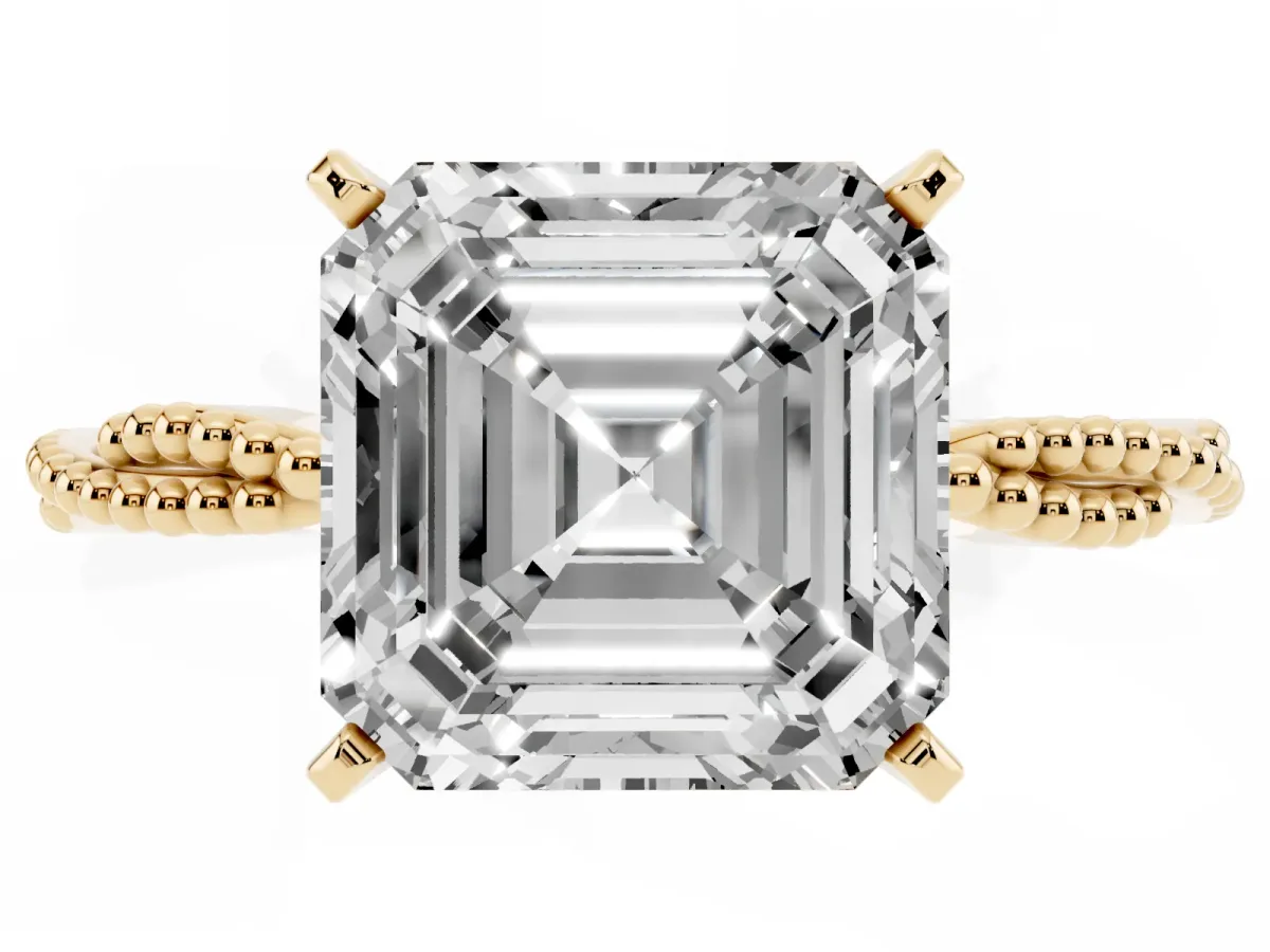 Asscher Cut Solitaire Twisted Band with Bead Prong Setting Yellow gold