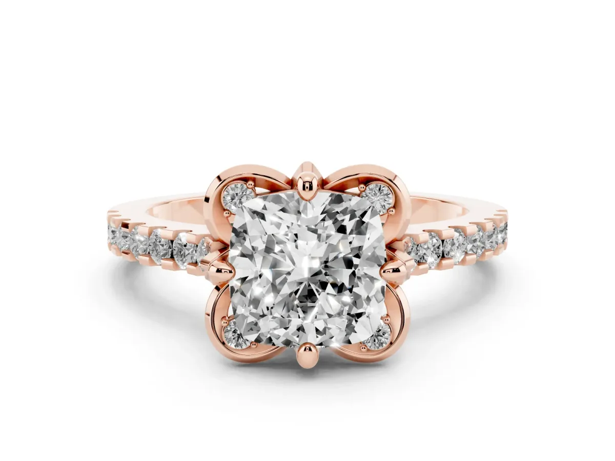 Cushion Cut Diamond Ring with Pavé Band and Floral Prong Setting Rose gold