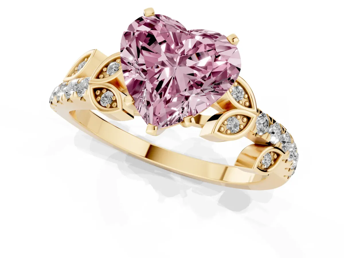 Fancy Pink Heart Cut Solitaire Leaf-Inspired Diamond Ring with Pavé Band and Four-Prong Setting Yellow gold