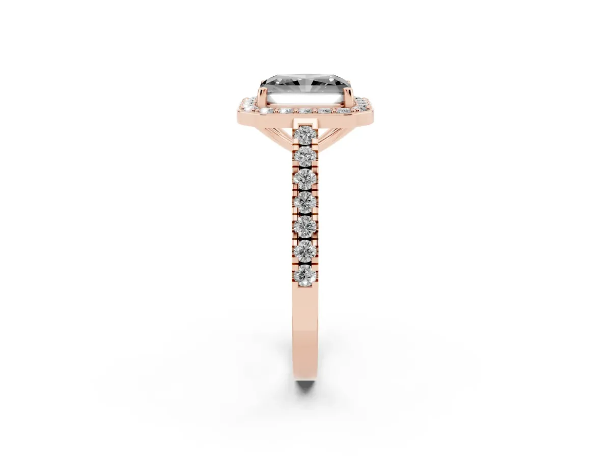 Fancy Black Radiant Cut Diamond Halo Ring with Round Pavé Split Shank and Prong Setting Rose gold