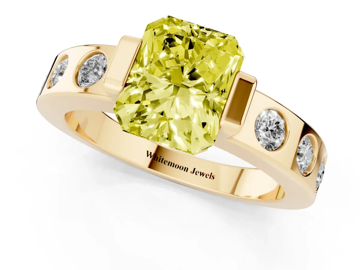 Fancy Yellow Radiant Cut Brilliant Channel-Set Diamond Ring with Bezel Prong Setting Yellow gold