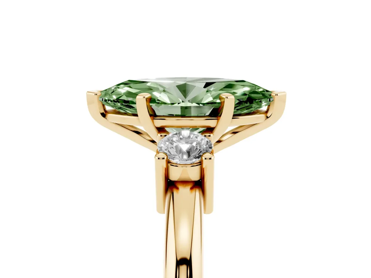 Fancy Green Three-Stone Marquise Cut Cut Diamond Solitaire with Prong Setting and Classic Band Yellow gold