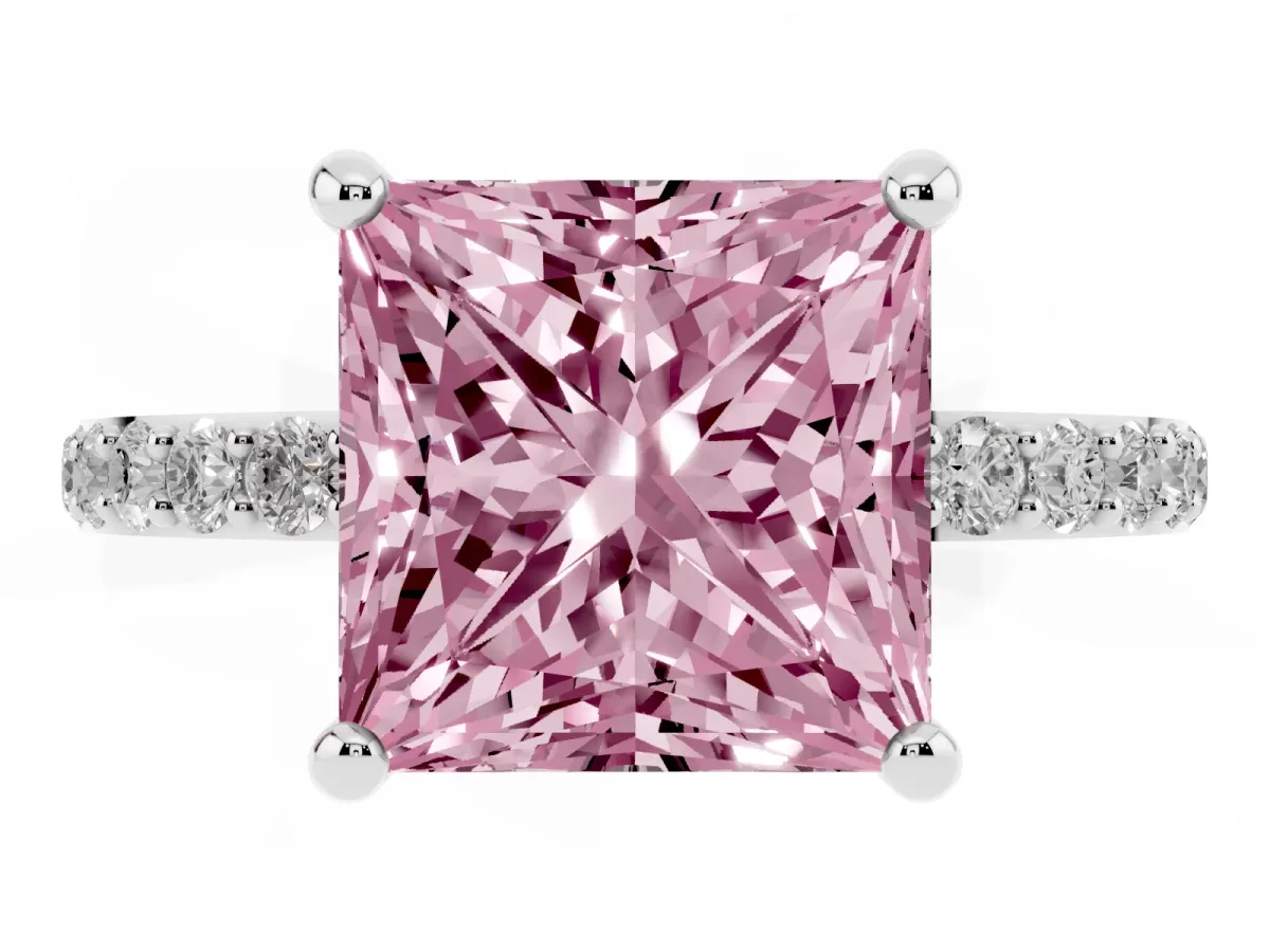 Fancy Pink Princess Cut Diamond Solitaire Ring with Round Pavé Band and Prong Setting Silver