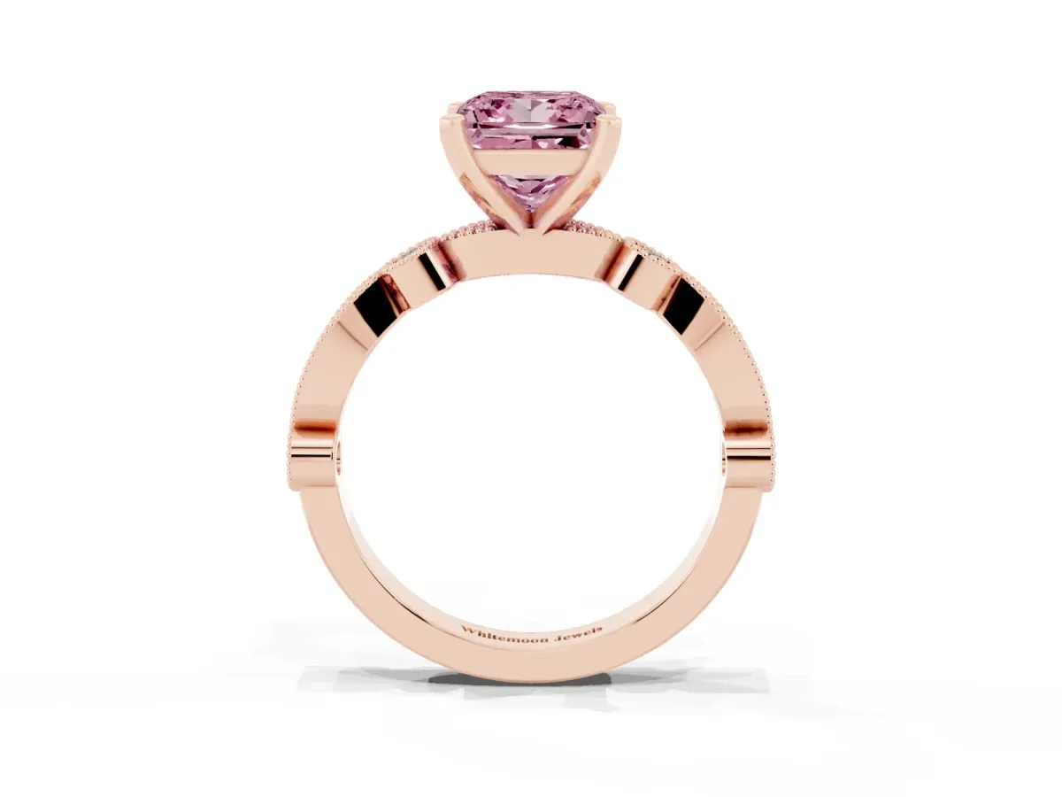 Fancy Pink Princess Cut Milgrain Bezel Diamond Engagement Ring with Solitaire Prong Setting Rose gold