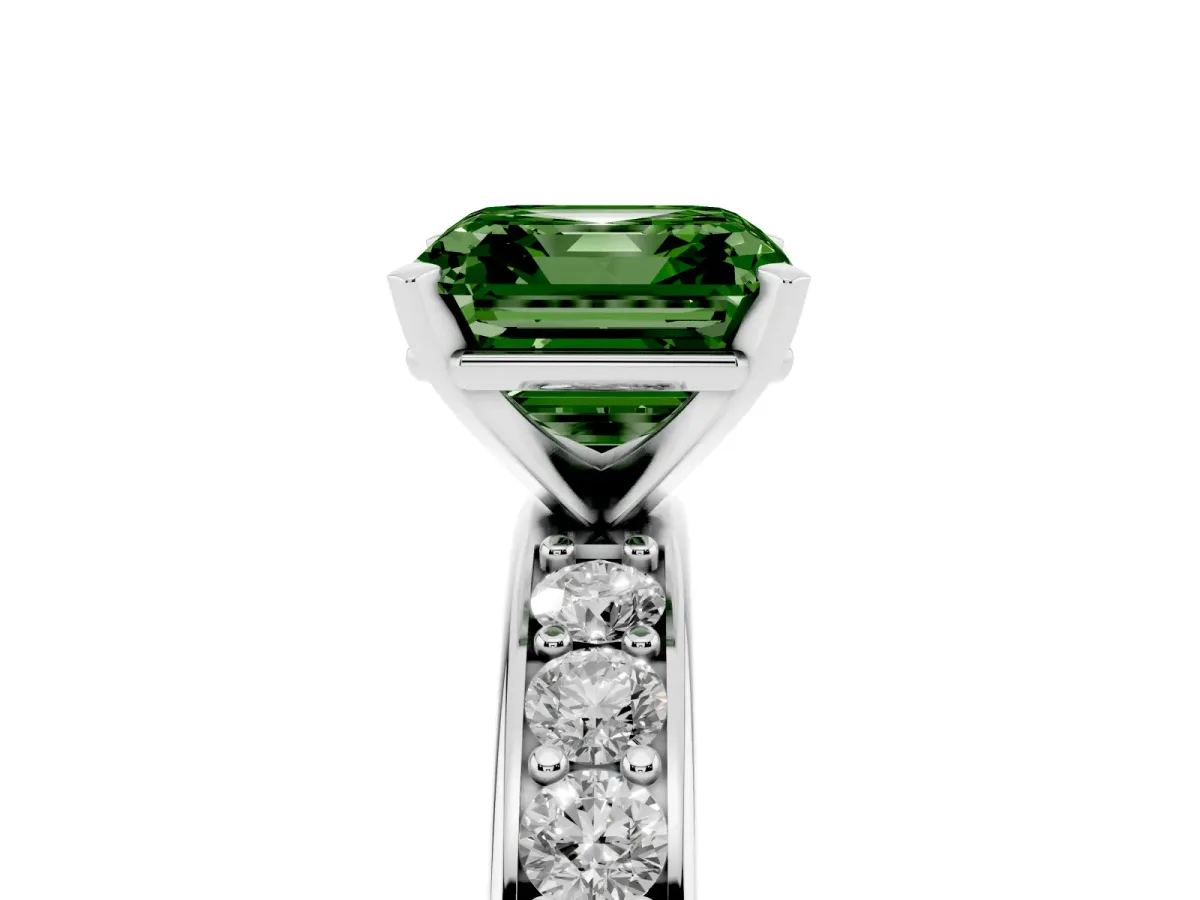 Fancy Green Asscher Cut Diamond Engagement Ring with Channel Set Round Band and Prong Setting Platinum