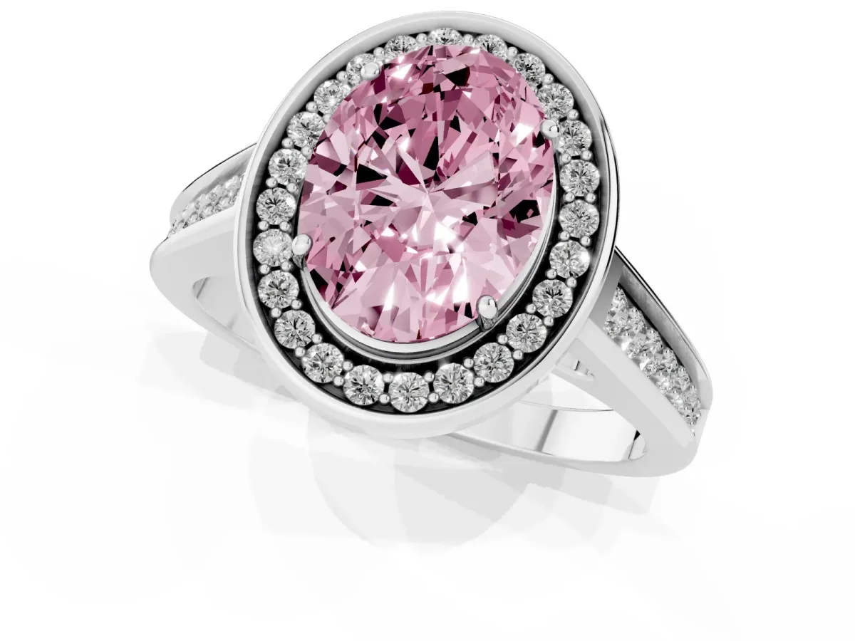 Fancy Pink Oval Cut Halo Solitaire Diamond Ring with Pave Band and Bezel Setting Silver