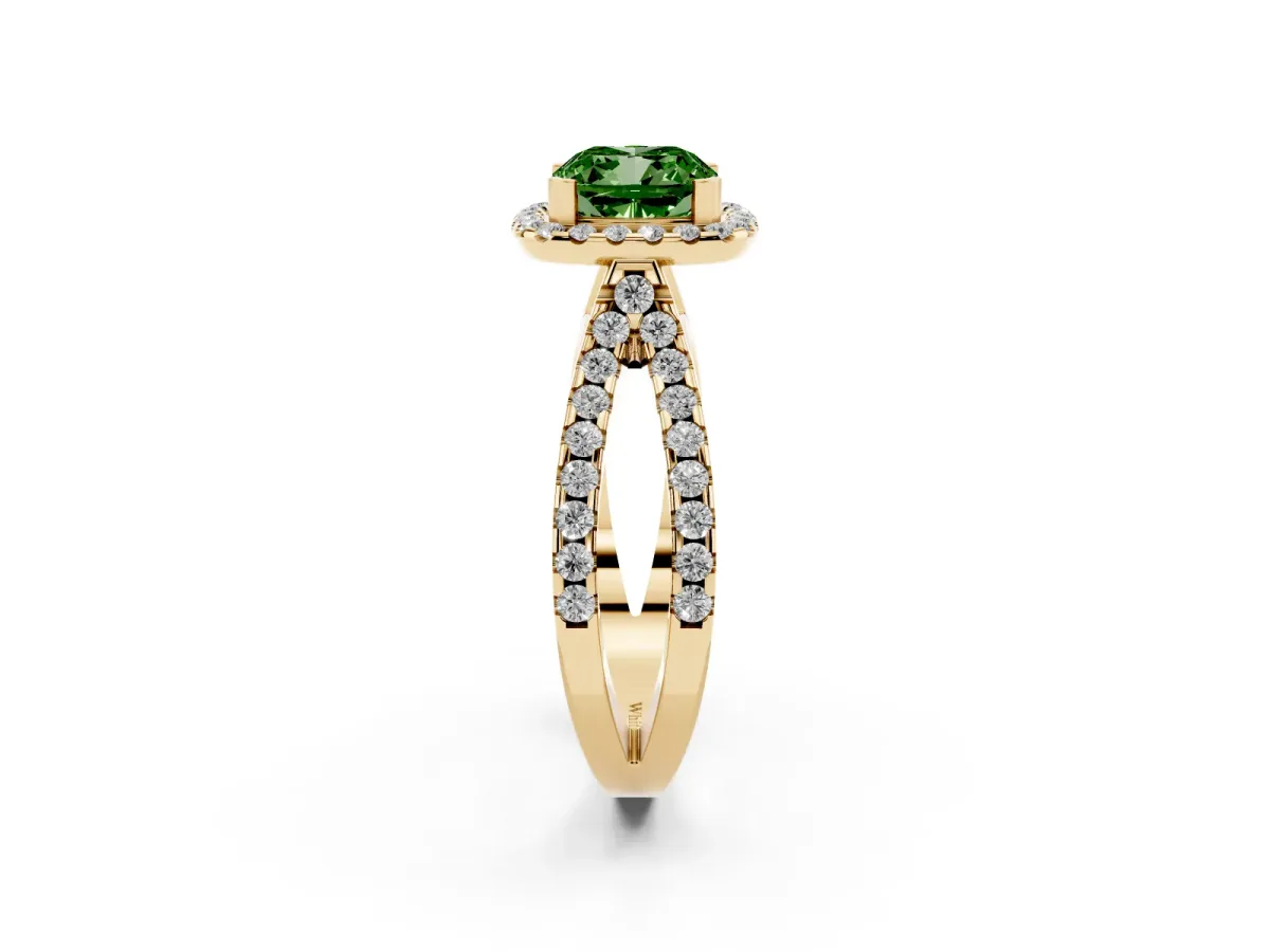 Fancy Green Cushion Cut Diamond Halo Ring with Split Shank Pavé Band and Prong Setting Yellow gold