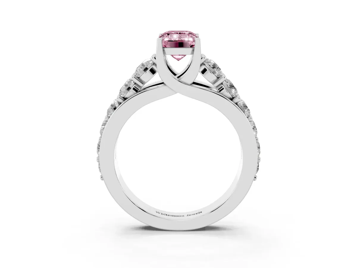 Fancy Pink Emerald Cut Diamond Engagement Ring with Pavé Band and Four-Prong Setting Silver