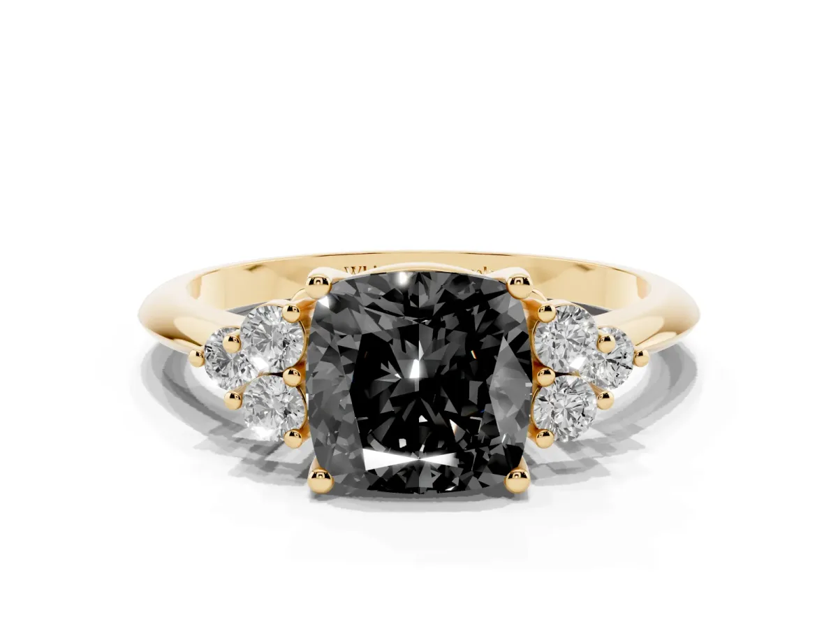 Fancy Black Cushion Cut Cut Diamond Cluster Ring with Solitaire Band and Four-Prong Setting Yellow gold