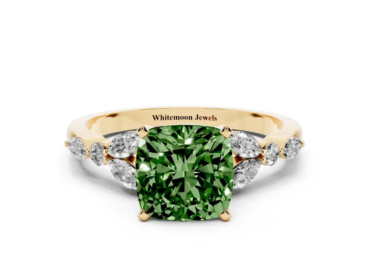 Fancy Green Cushion Cut Diamond Solitaire Ring with Side Stones and Four-Prong Setting Yellow gold