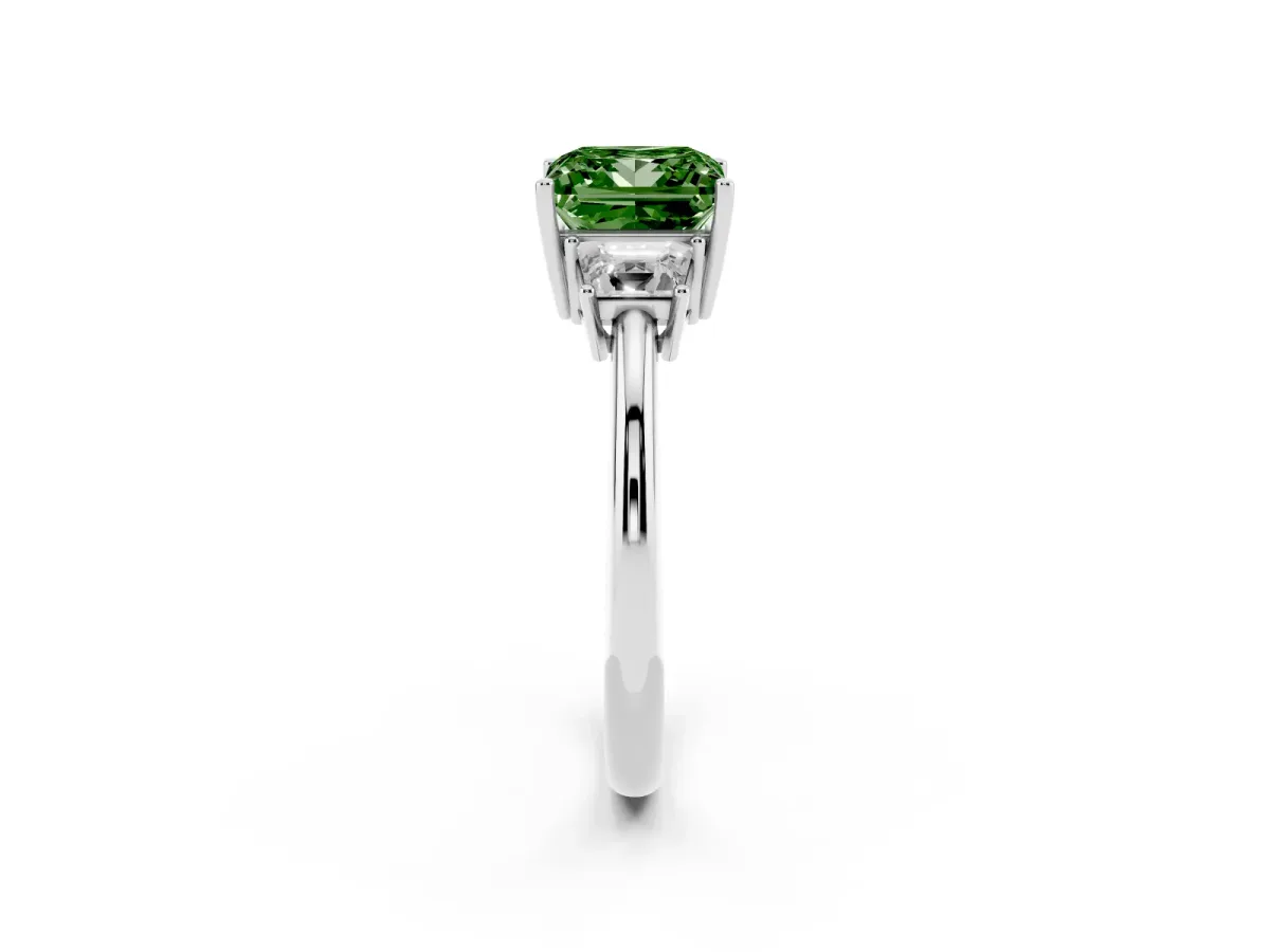 Fancy Green Princess Cut Diamond Three-Stone Ring with Trapezoid Side Stones and Prong Setting Silver