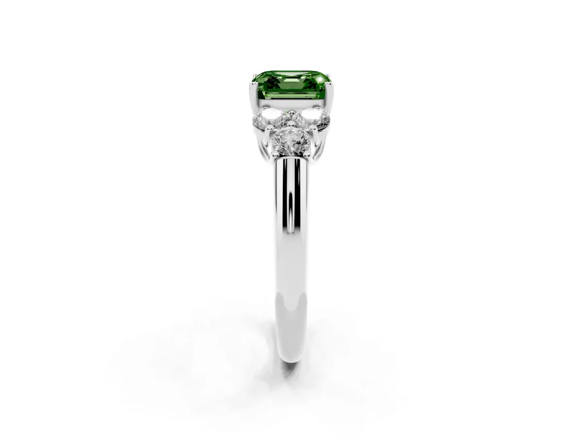 Fancy Green Asscher Cut Cut Diamond Cluster Ring with Round Accent Stones and Prong Setting on a Classic Band Silver
