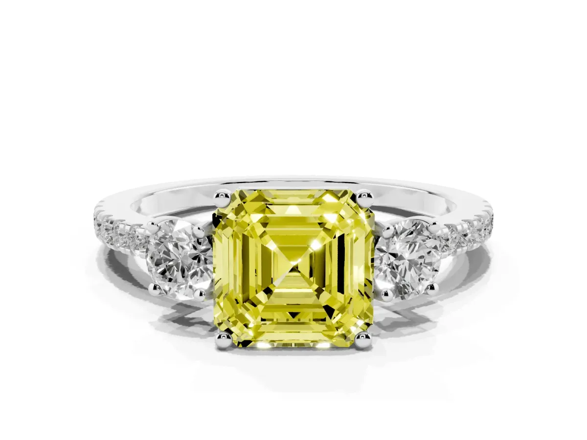 Fancy Yellow Three-Stone Asscher Cut Cut Diamond Pavé Band with Prong Setting Silver