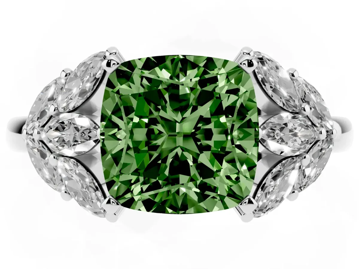 Fancy Green Cushion Cut Diamond Cluster Leaf Design Ring with Prong Setting Platinum