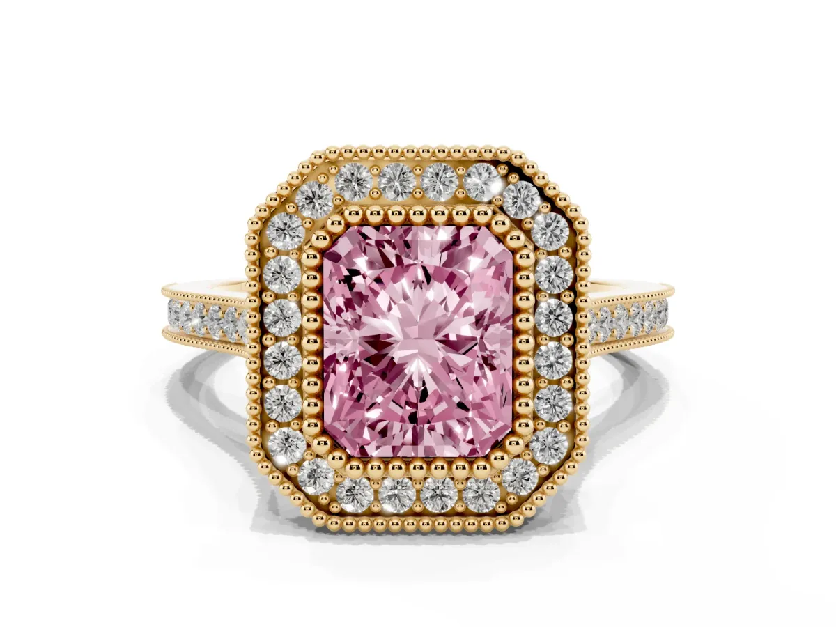 Fancy Pink Radiant Cut Diamond Halo Ring with Milgrain Frame and Pavé Band Yellow gold