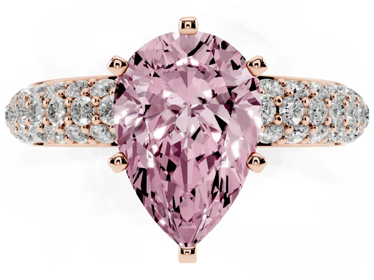 Fancy Pink Pear Cut Diamond Solitaire Ring with Prong Setting and Pavé Band Rose gold