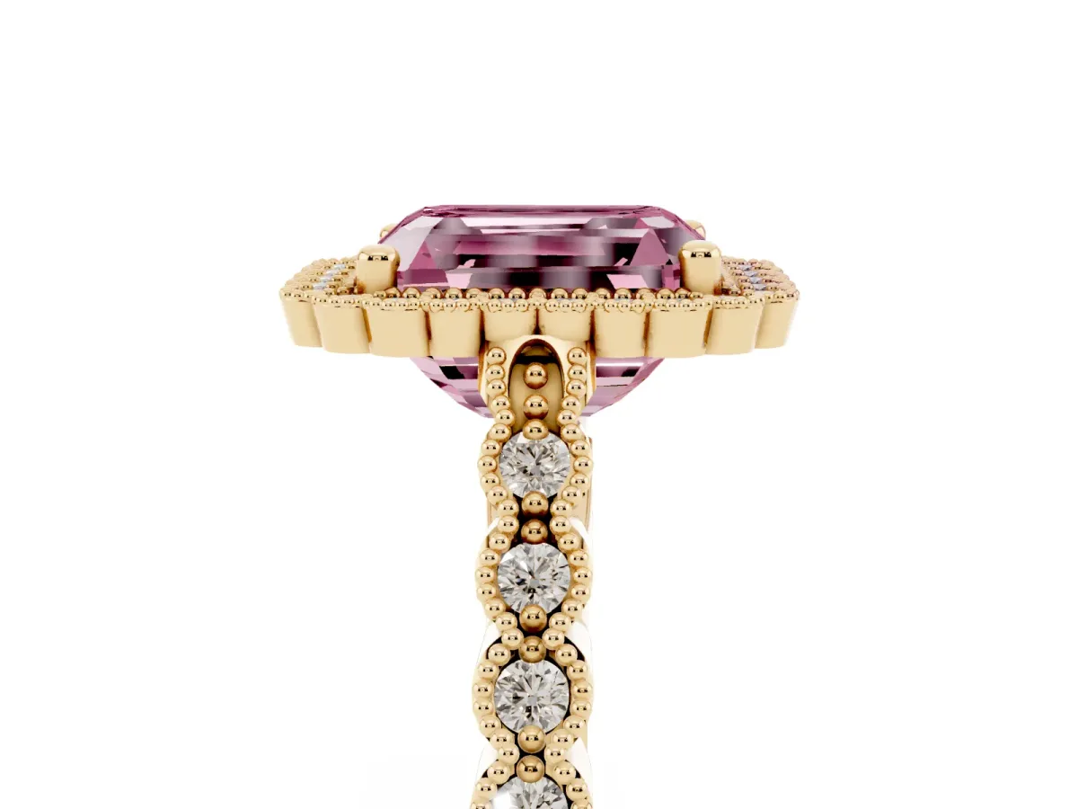 Fancy Pink Radiant Cut Cut Halo Pavé Solitaire Ring with Milgrain Band Yellow gold