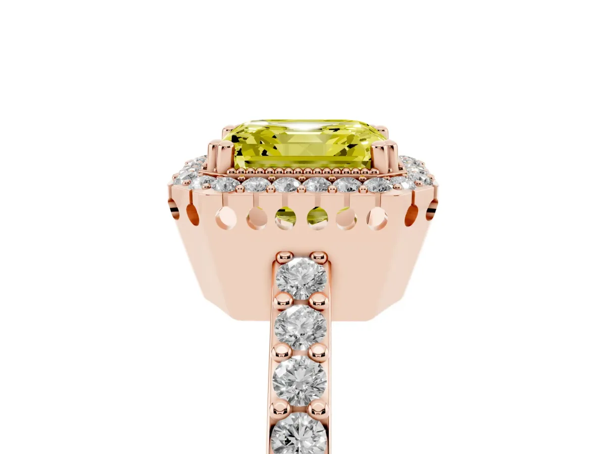 Fancy Yellow Asscher Cut Cut Diamond Halo Engagement Ring with Milgrain Detail and Pavé Band Rose gold