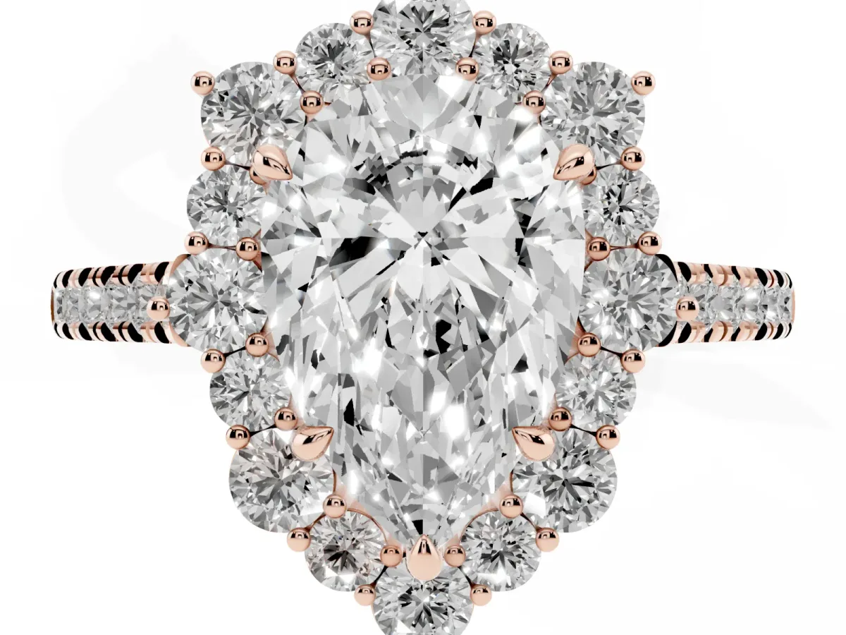 Pear Cut Halo Diamond Ring with Pavé Band and Prong Setting Rose gold