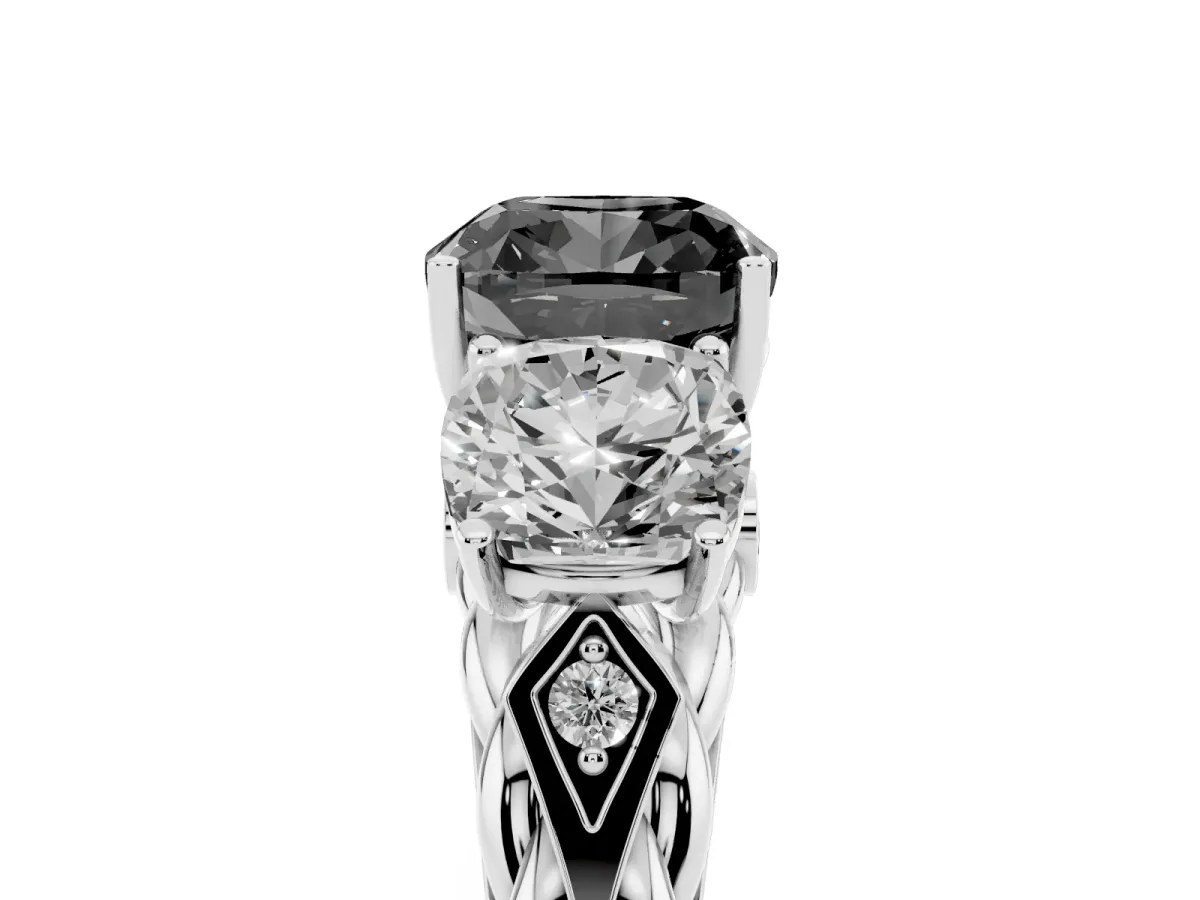 Fancy Black Three-Stone Cushion Cut Diamond Braided Band Ring with Four-Prong Setting Platinum