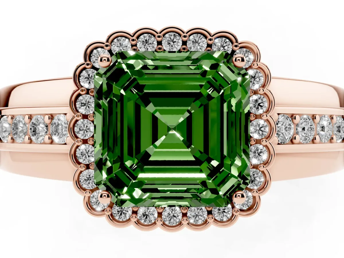 Fancy Green Asscher Cut Cut Halo Pave Band Four-Prong Ring Rose gold