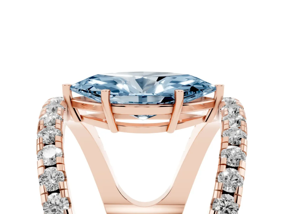 Fancy Blue Marquise Cut Solitaire Split Shank Pave Diamond Ring Rose gold