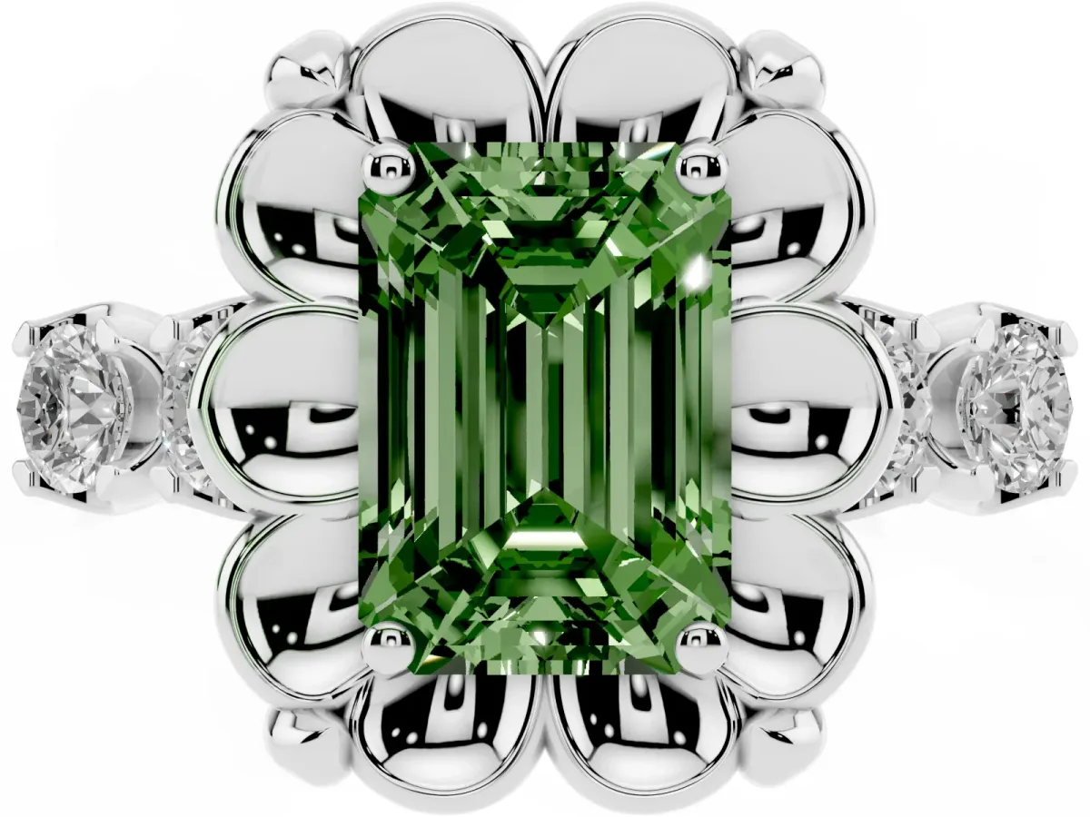 Fancy Green Emerald Cut Cut Diamond Floral Halo Engagement Ring with Shared Prong Setting Silver