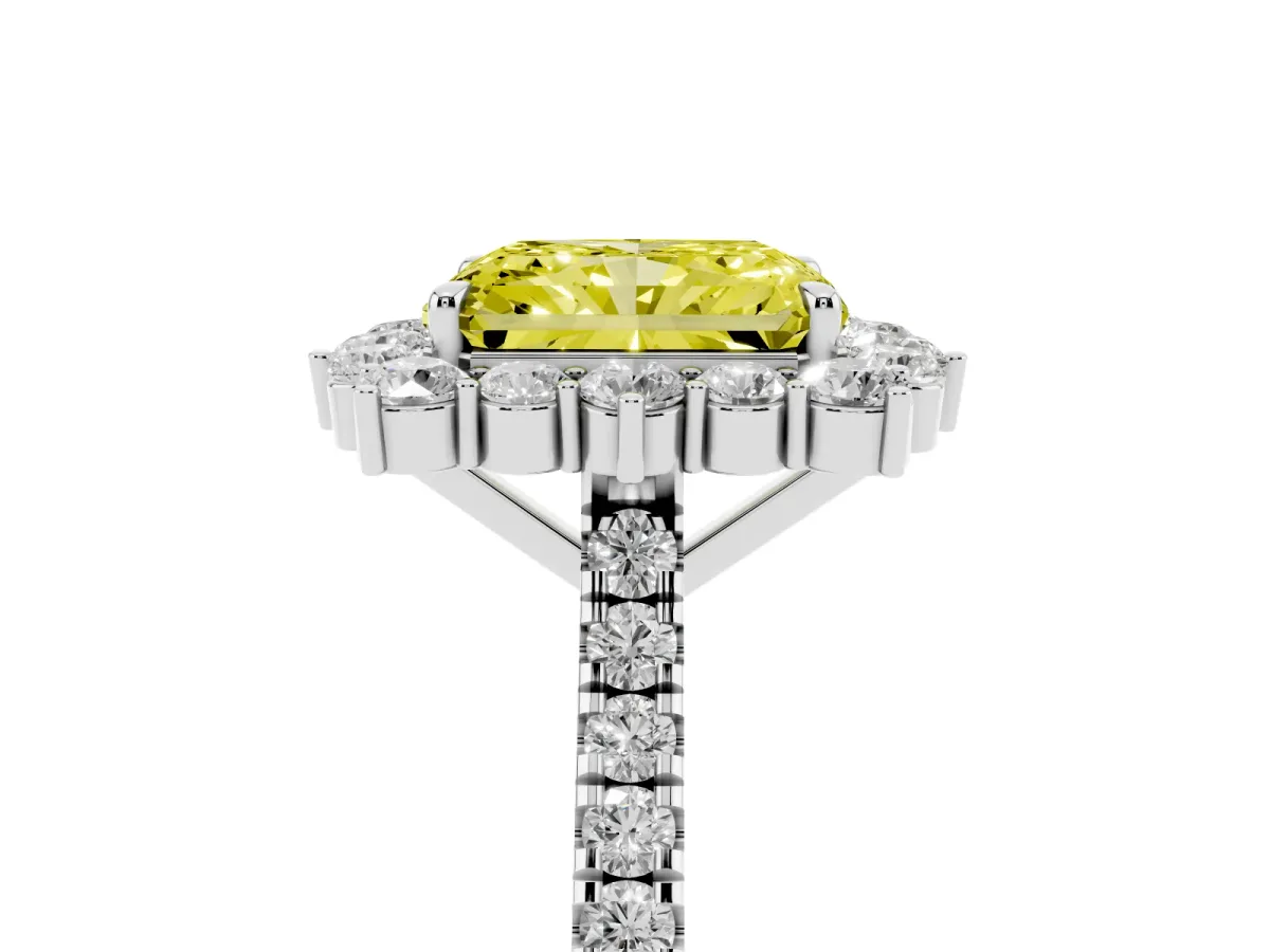 Fancy Yellow Radiant Cut Halo Diamond Ring with Pavé Band and Prong Setting Platinum