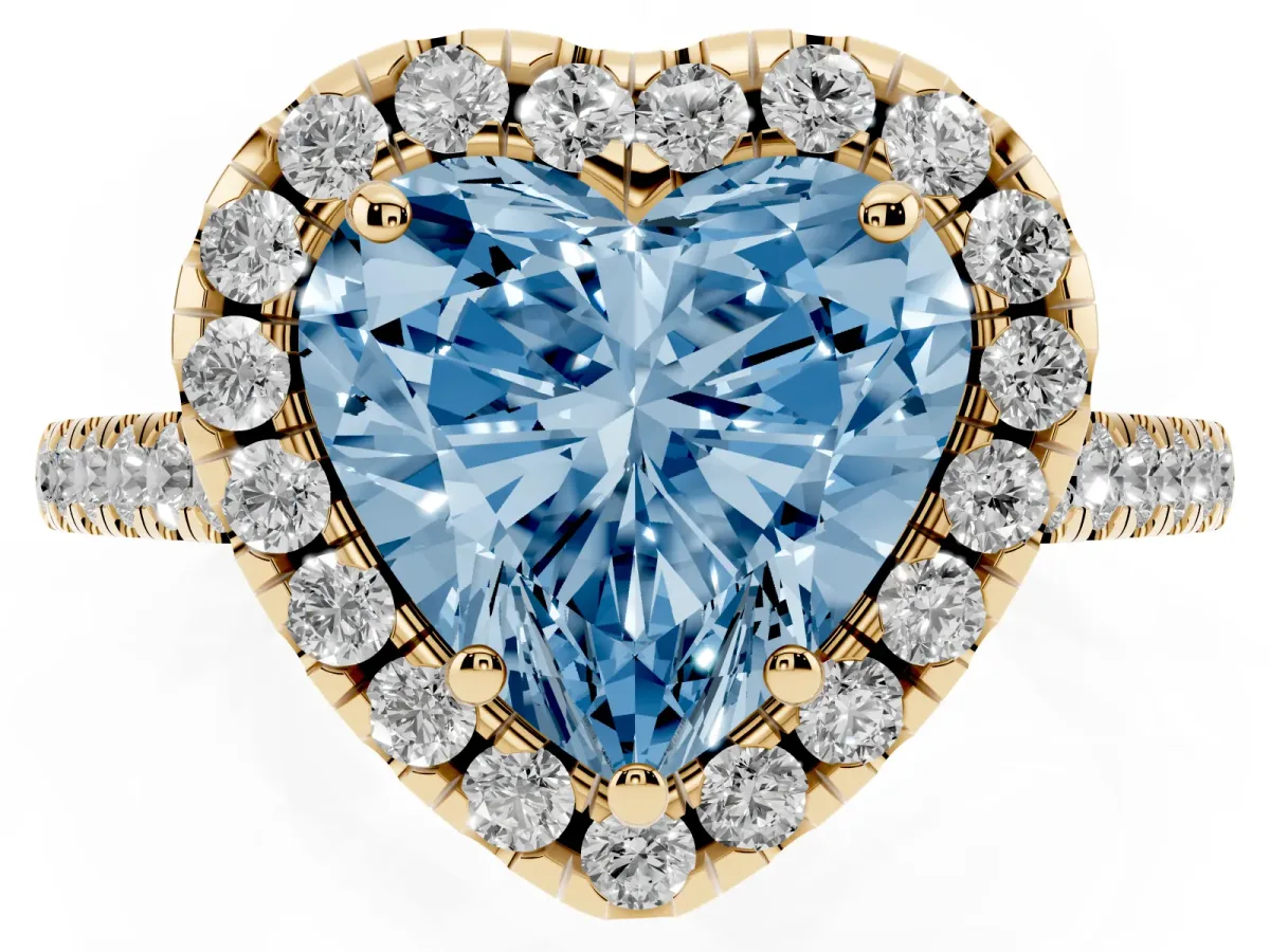 Fancy Blue Heart Cut Halo Pavé Diamond Engagement Ring with Four-Prong Setting Yellow gold