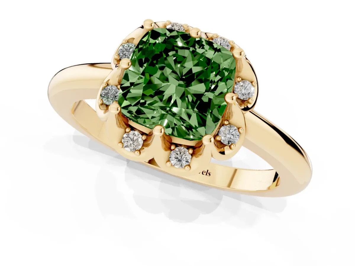 Fancy Green Cushion Cut Halo Diamond Ring with Round Cluster Setting, Solitaire Band, and Four-Prong Setting Yellow gold