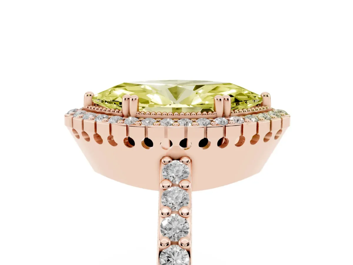 Fancy Yellow Marquise Cut Cut Diamond Halo Engagement Ring with Milgrain Detail and Pavé Band Rose gold