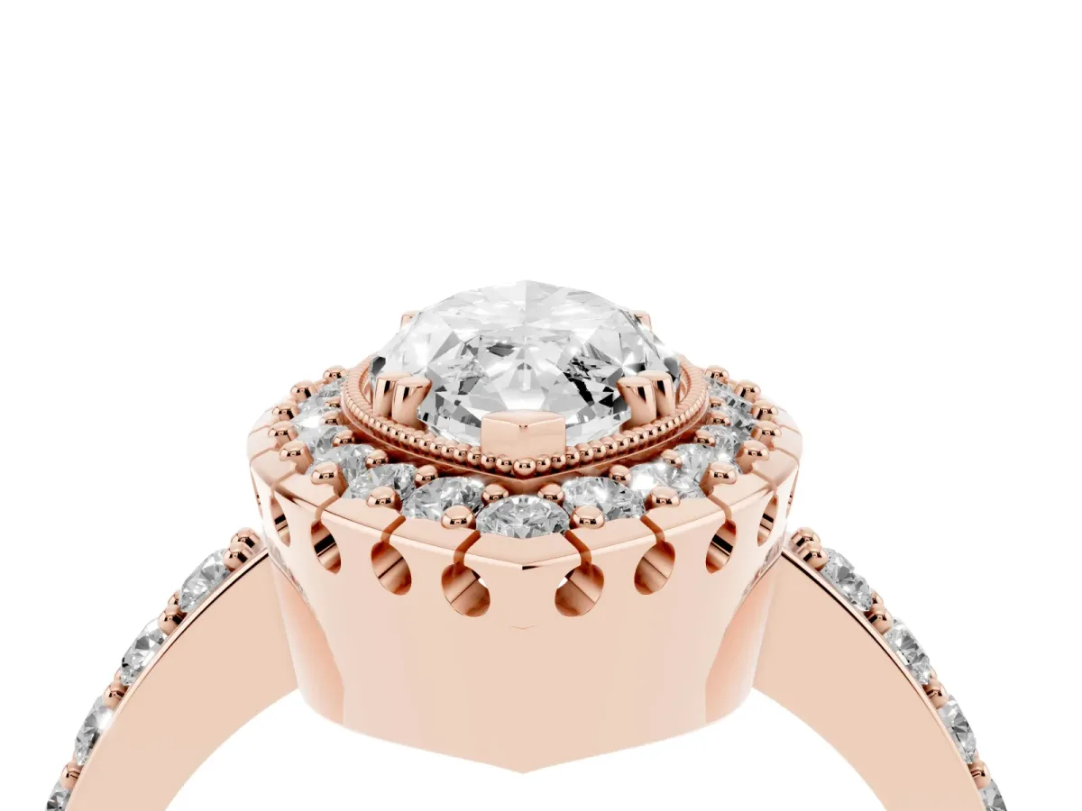Marquise Cut Diamond Halo Ring with Pavé Band and Prong Setting Rose gold