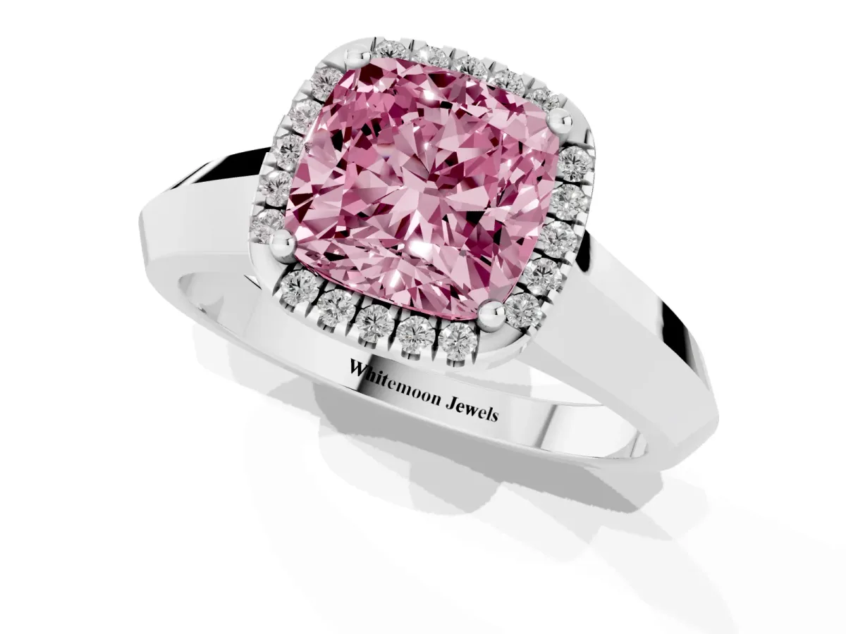 Fancy Pink Cushion Cut Halo Diamond Ring with Cathedral Band and Four-Prong Setting Silver