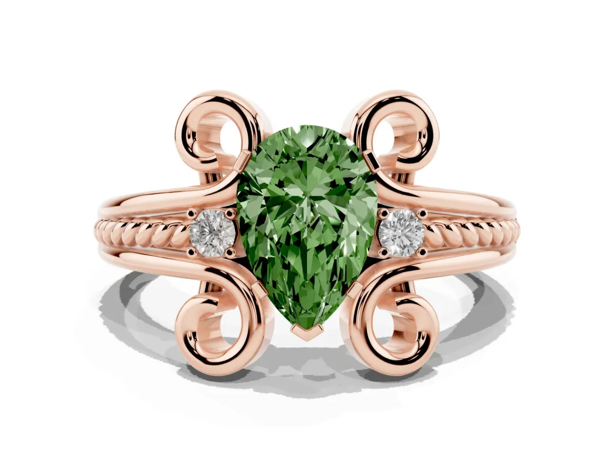 Fancy Green Pear Cut Solitaire Twisted Band Scroll Prong Ring Rose gold