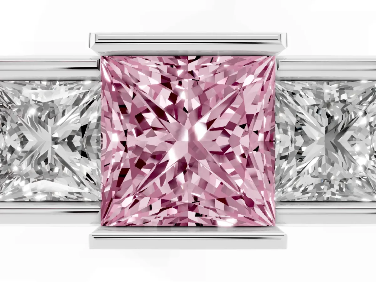 Fancy Pink Three Stone Princess Cut Cut Channel Set Diamond Ring Platinum