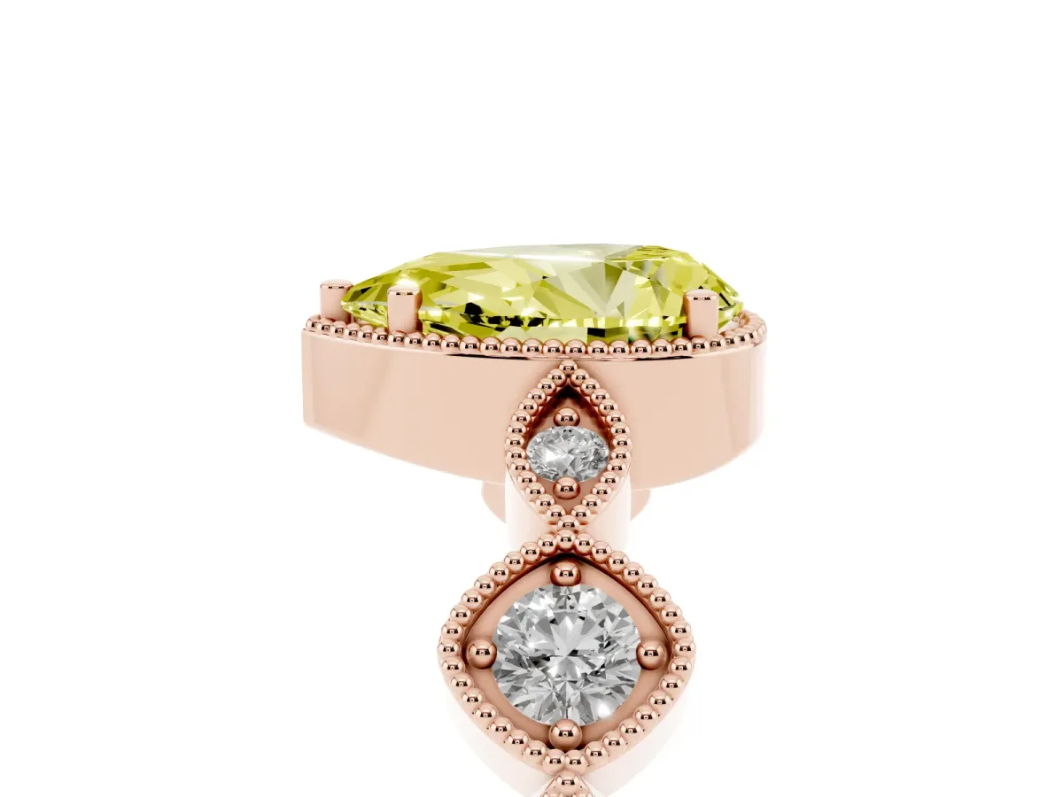Fancy Yellow Pear Cut Diamond Vintage Milgrain Ring with Round Stations Rose gold