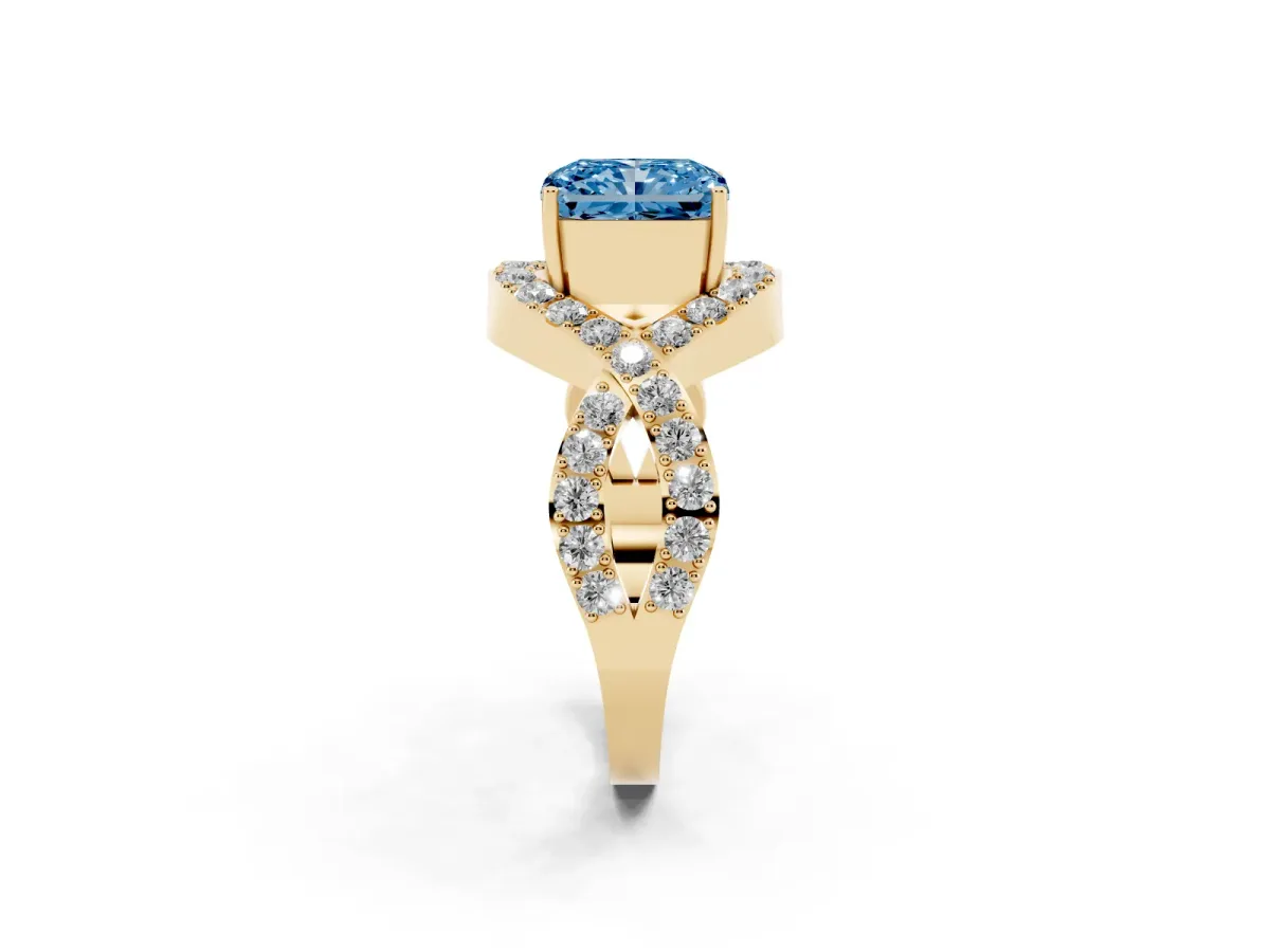Fancy Blue Radiant Cut Solitaire Twist Band Pavé Diamond Engagement Ring Yellow gold