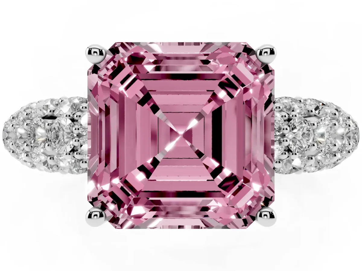 Fancy Pink Asscher Cut Diamond Pavé Band Solitaire Ring with Four-Prong Setting Platinum